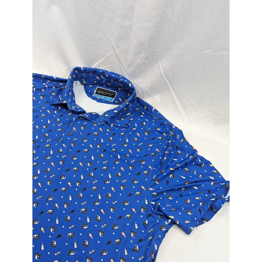Etonic‎ Polo Shirt Mens XLarge Blue Golf Cart Beer Print Athletic Performance